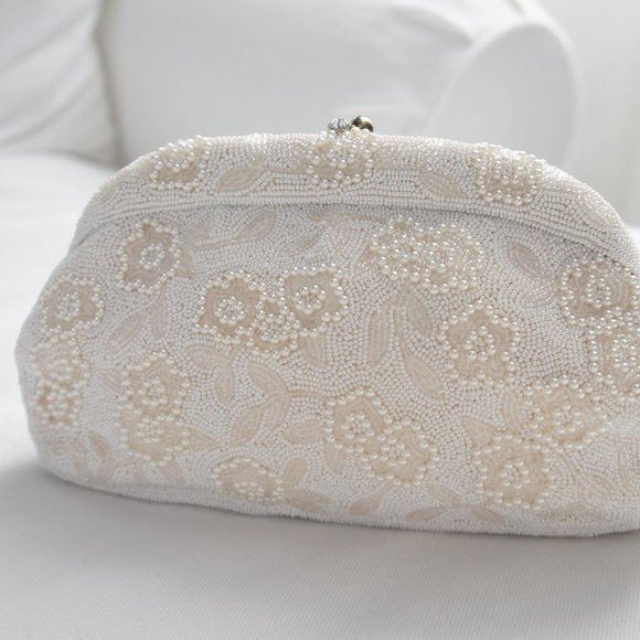 Vintage Handbags - Vintage Ivory Beaded Pearl Evening Bag Clutch by Magid